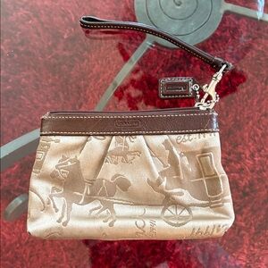 Coach VINTAGE Horse & Carriage Canvas  Wristlet Brown Leather Trim Clutch Purse
